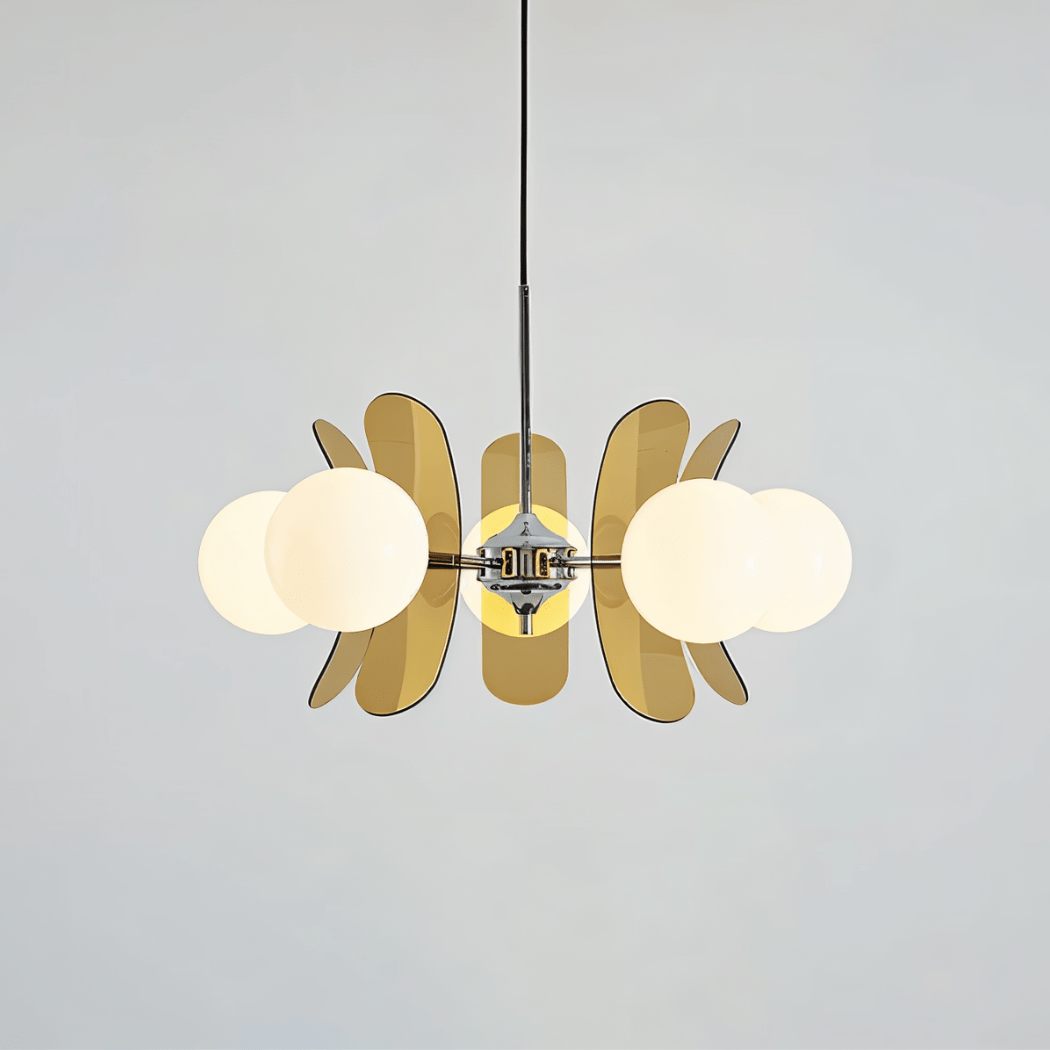 Clérachic chandelier with opal globes fanning between brown acrylic petals on a chrome hub, lit warm