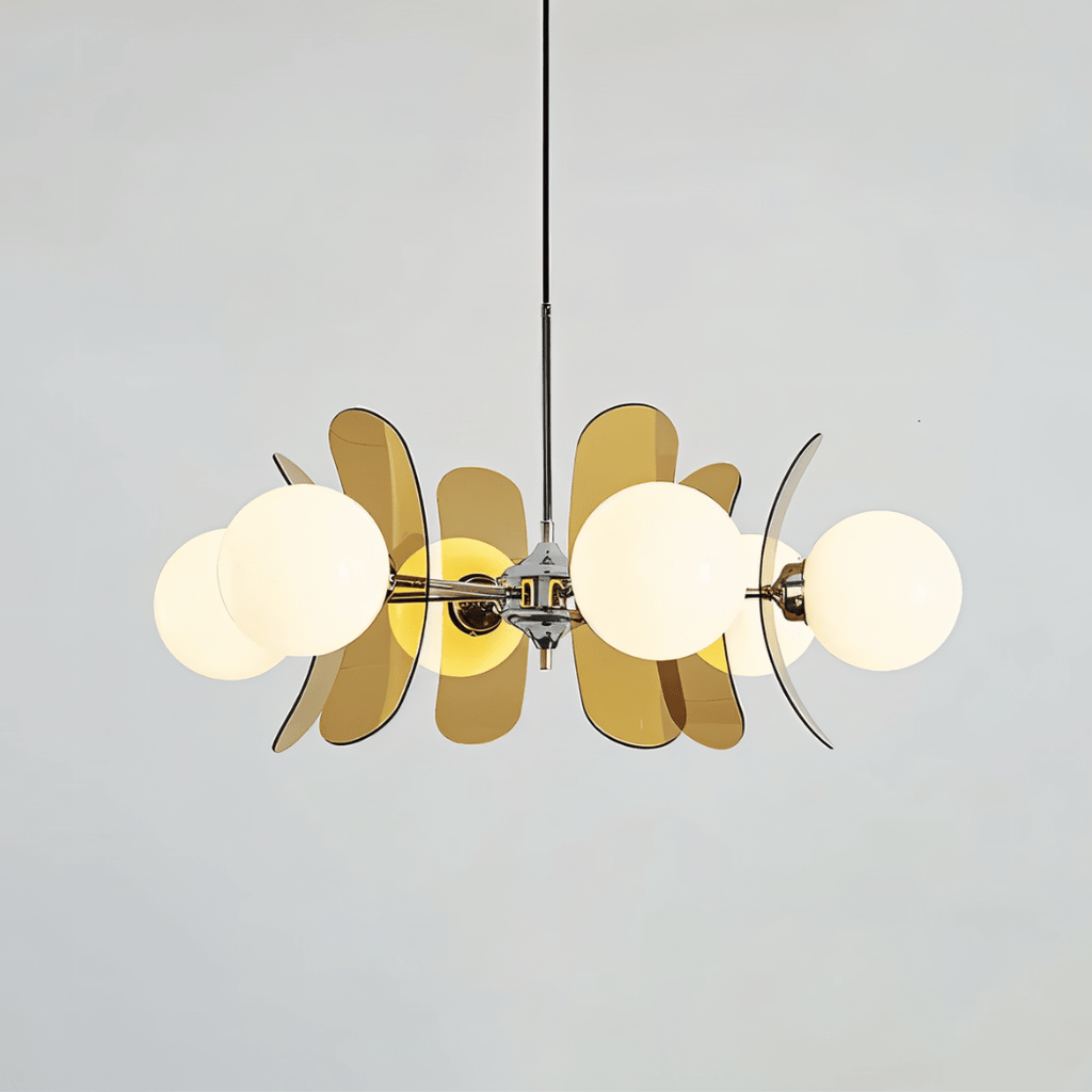 Clérachic wide chandelier with eight opal globes and overlapping brown acrylic petals on a chrome hub