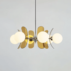 Clérachic wide chandelier with eight opal globes and overlapping brown acrylic petals on a chrome hub