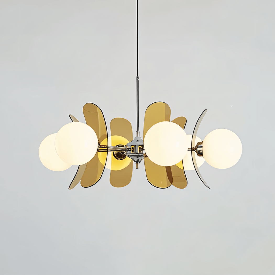 Clérachic wide chandelier with eight opal globes and overlapping brown acrylic petals on a chrome hub