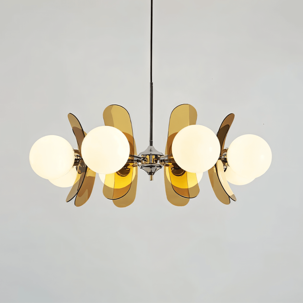 Clérachic eight-light chandelier with white globes and layered brown acrylic petals on a chrome hub