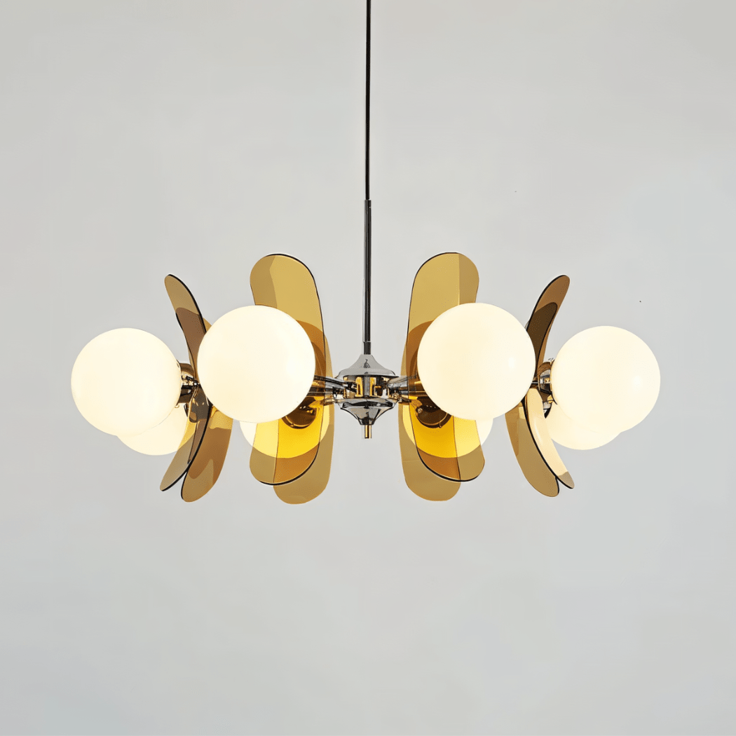 Clérachic eight-light chandelier with white globes and layered brown acrylic petals on a chrome hub