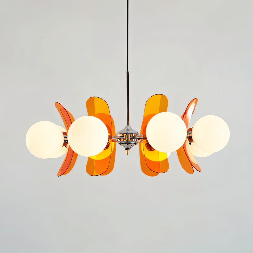 Clérachic eight-light chandelier with white globes and layered orange acrylic petals on a chrome hub