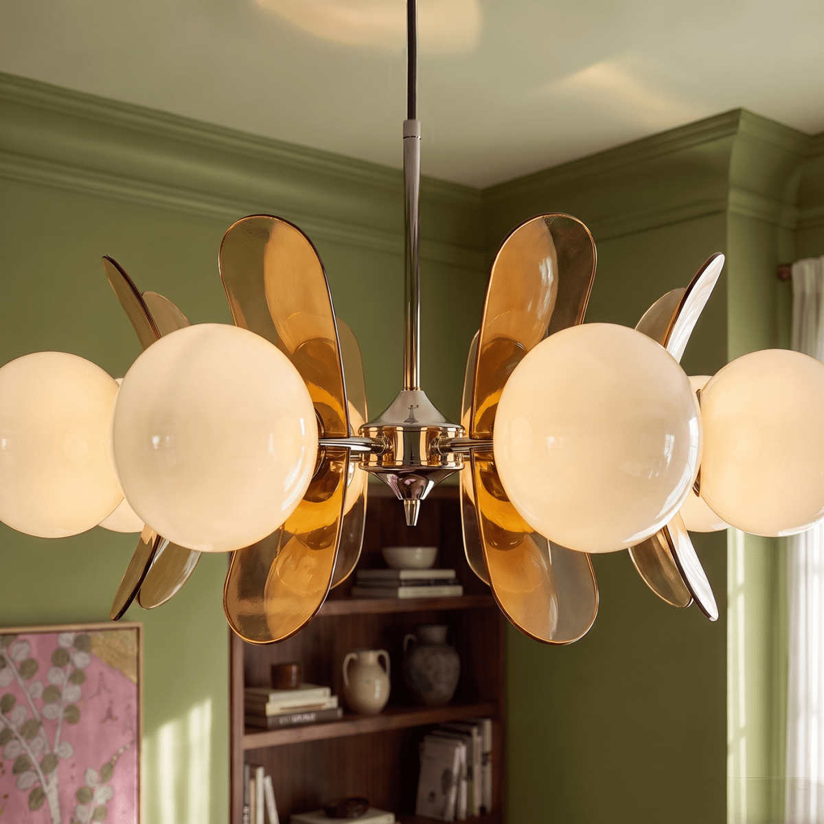 Clérachic chandelier seen from below, opal globes and brown acrylic petals on a polished chrome hub