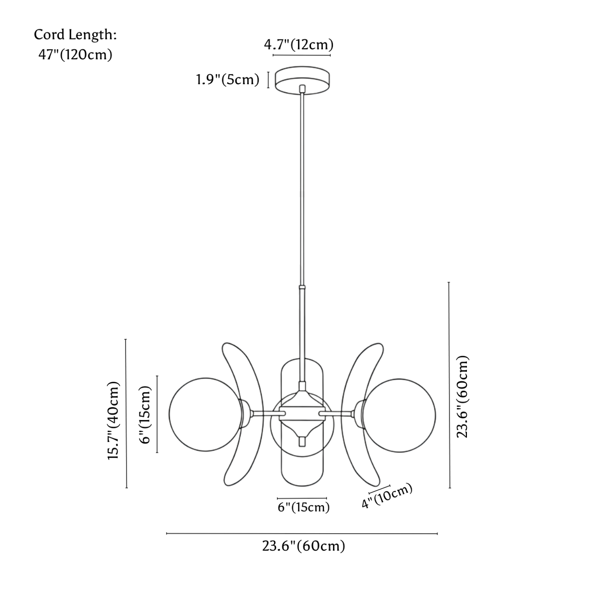 Clérachic chandelier dimension drawing, 3 heads, every measurement marked in centimetres and inches.