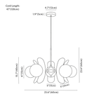 Clérachic chandelier dimension drawing, 5 heads, every measurement marked in centimetres and inches.