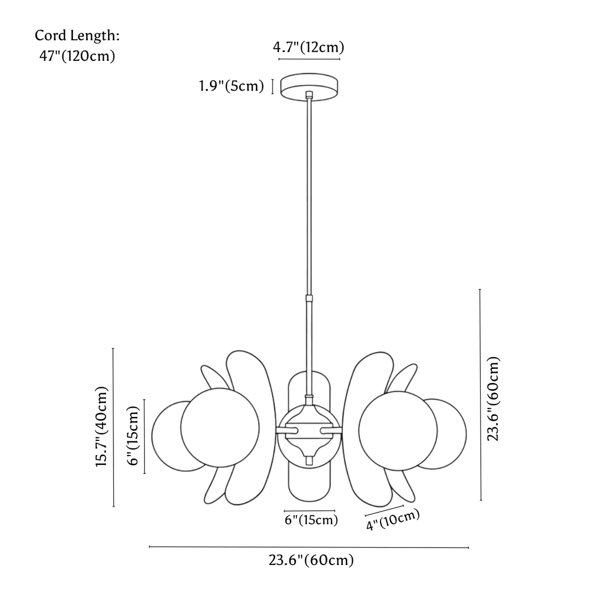 Clérachic chandelier dimension drawing, 5 heads, every measurement marked in centimetres and inches.