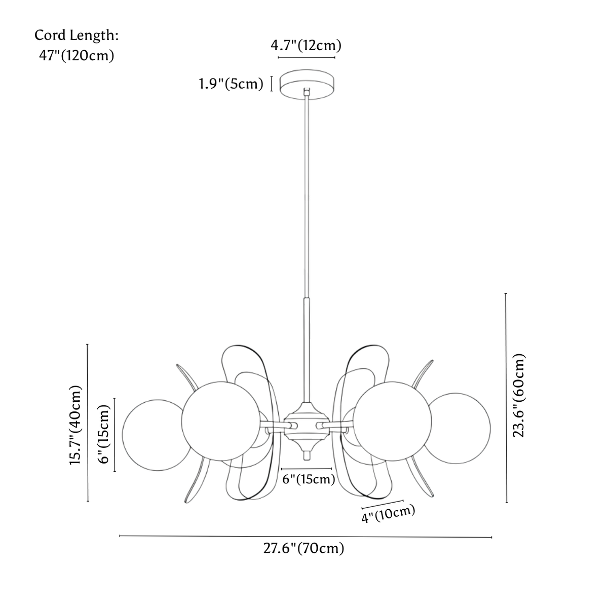 Clérachic chandelier dimension drawing, 6 heads, every measurement marked in centimetres and inches.