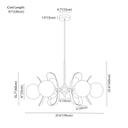 Clérachic chandelier dimension drawing, 6 heads, every measurement marked in centimetres and inches.