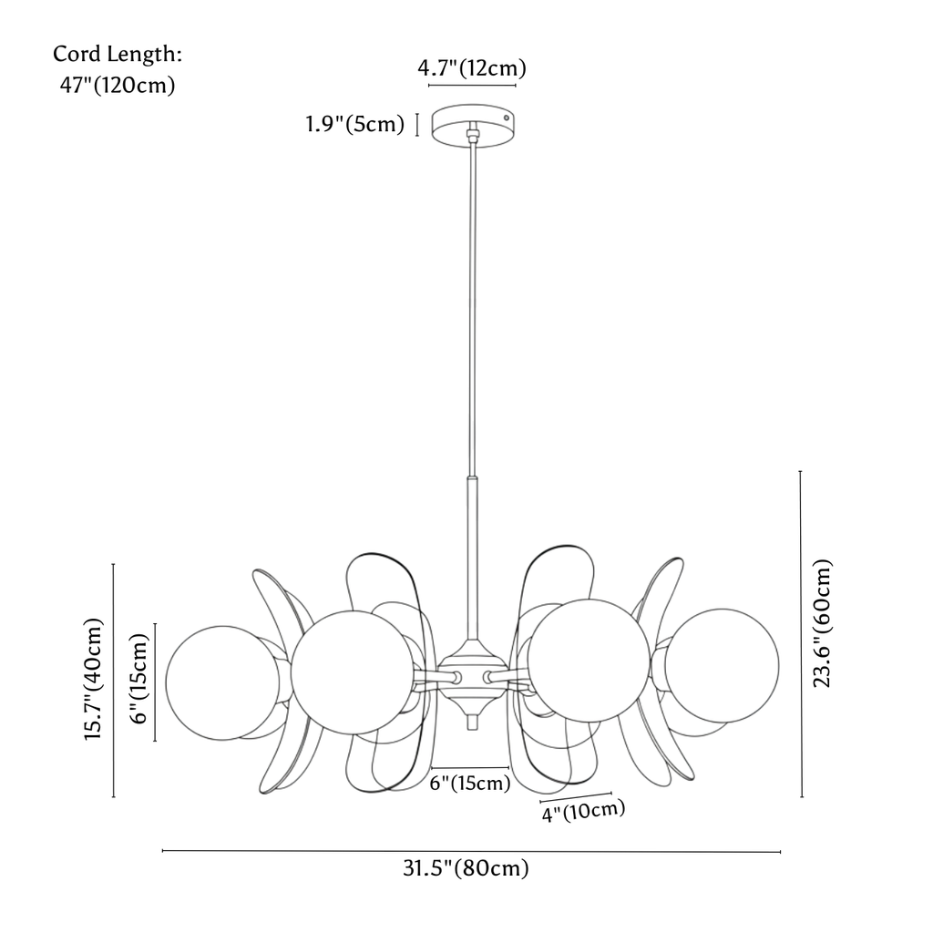 Clérachic chandelier dimension drawing, 8 heads, every measurement marked in centimetres and inches.