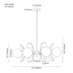 Clérachic chandelier dimension drawing, 8 heads, every measurement marked in centimetres and inches.