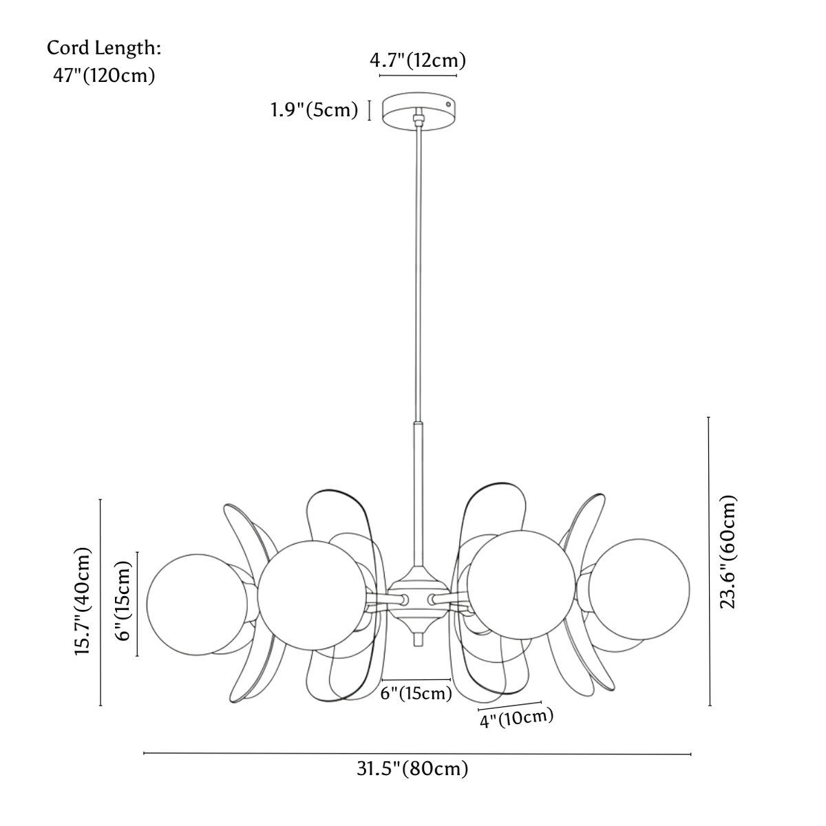 Clérachic chandelier dimension drawing, 8 heads, every measurement marked in centimetres and inches.