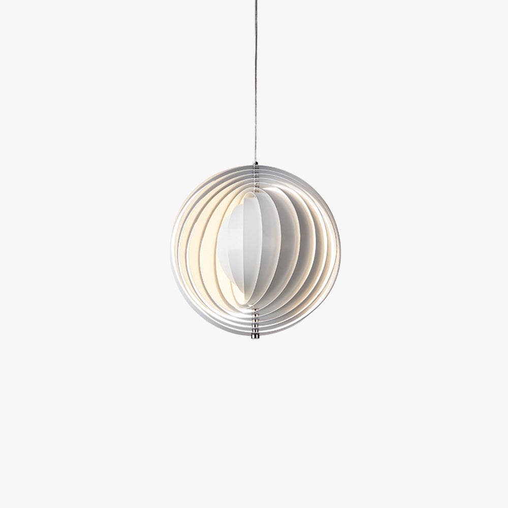 Clérachic Round Metal Pendant Light, white slatted globe glowing on a chrome axis against a white ground.