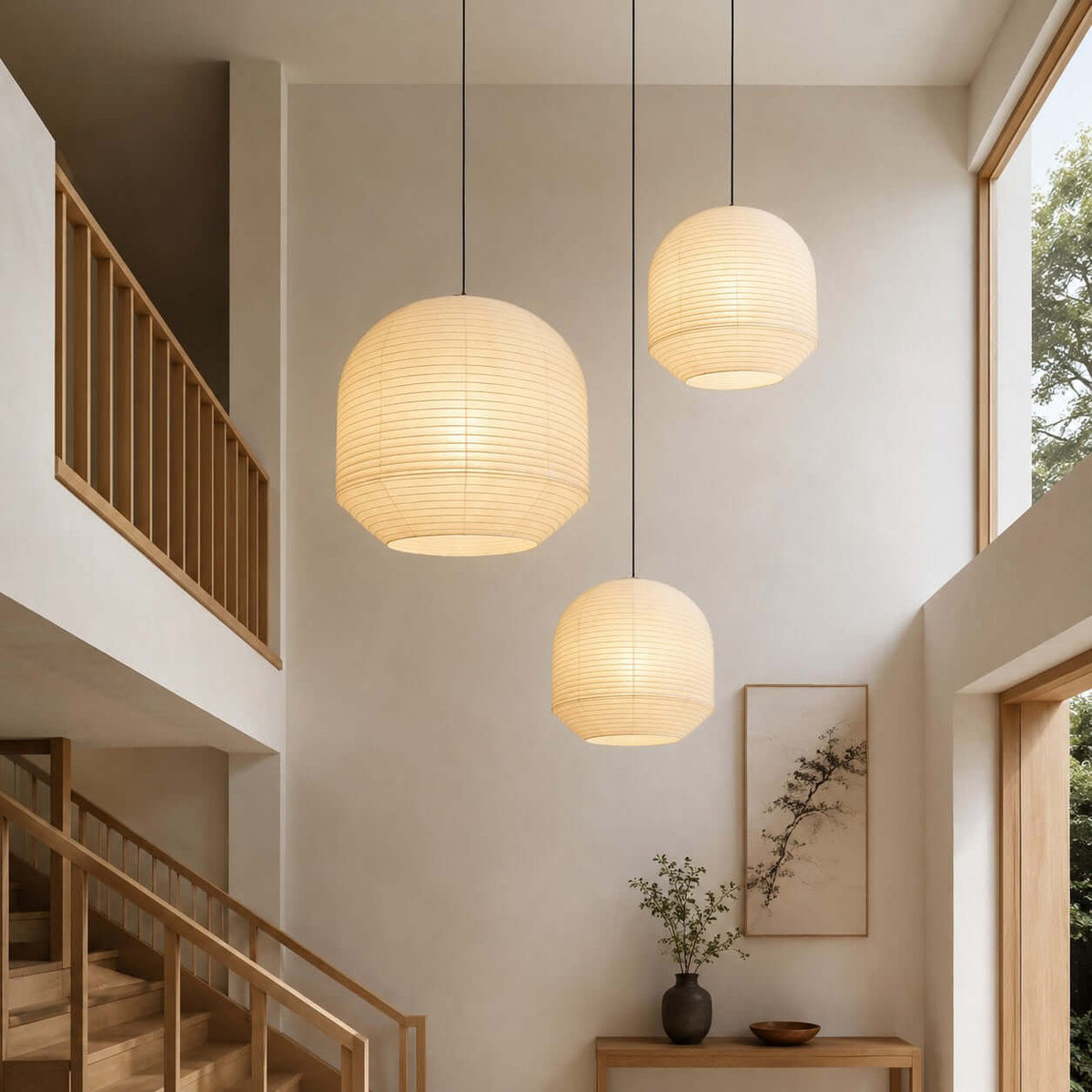 Clérachic paper pendant lamps hung at staggered heights over a stairwell landing, above a console table holding a vase of branches.
