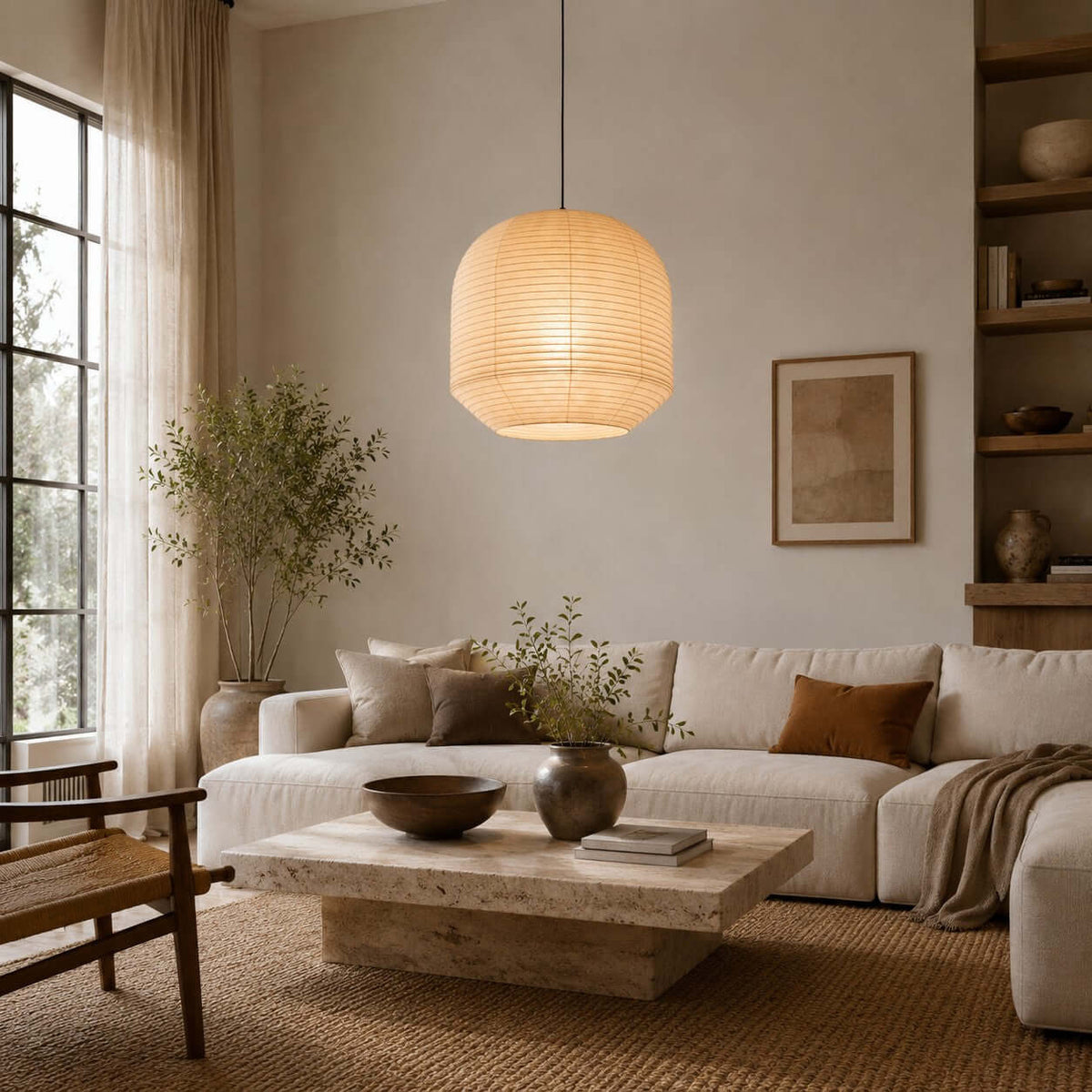 Clérachic paper pendant lamp glowing above a living-room coffee table, with a travertine table top and bookshelves in view.
