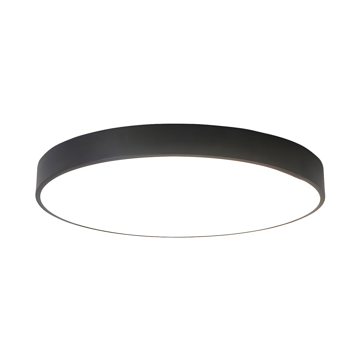 Black round Clérachic ceiling light with a slim straight rim and a flat white diffuser, on white.