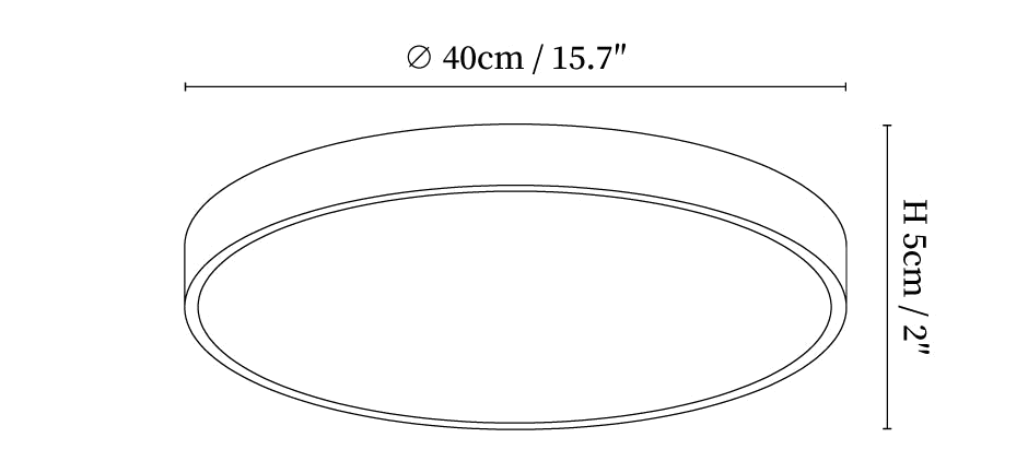 Dimension drawing of this Clérachic round ceiling light, with its diameter and depth marked.