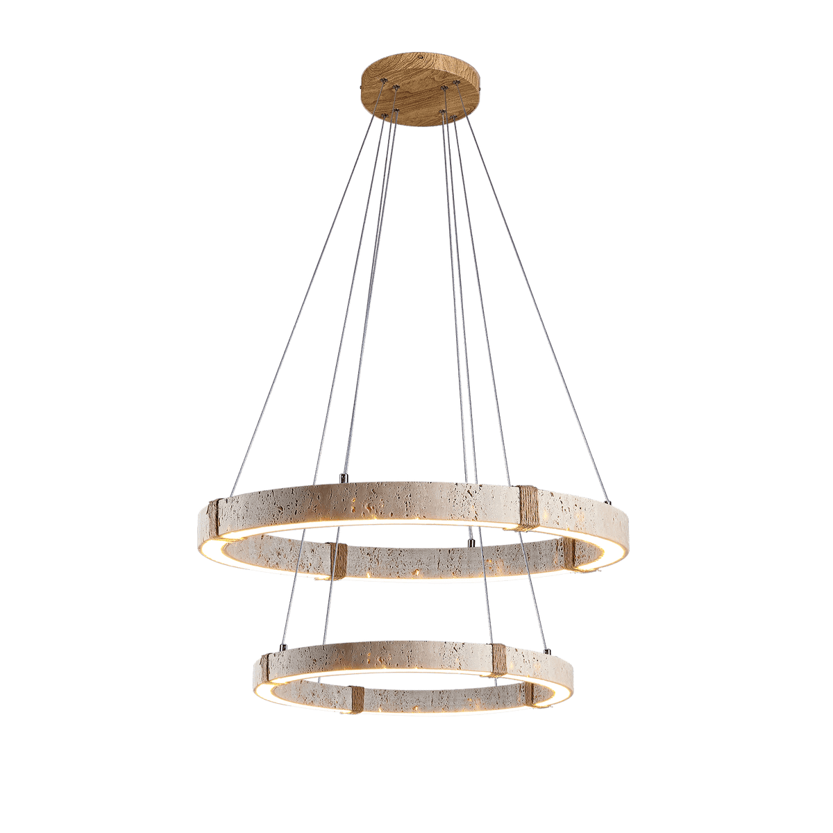 Two lit travertine rings of different sizes from Clérachic hang together on a wooden ceiling plate, cut out against a dark green background.