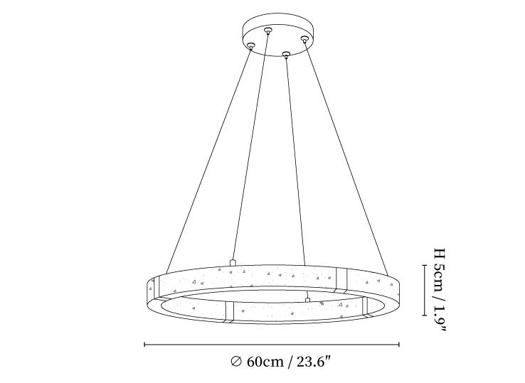 Clérachic pendant light dimension drawing, every measurement marked in centimetres and inches.