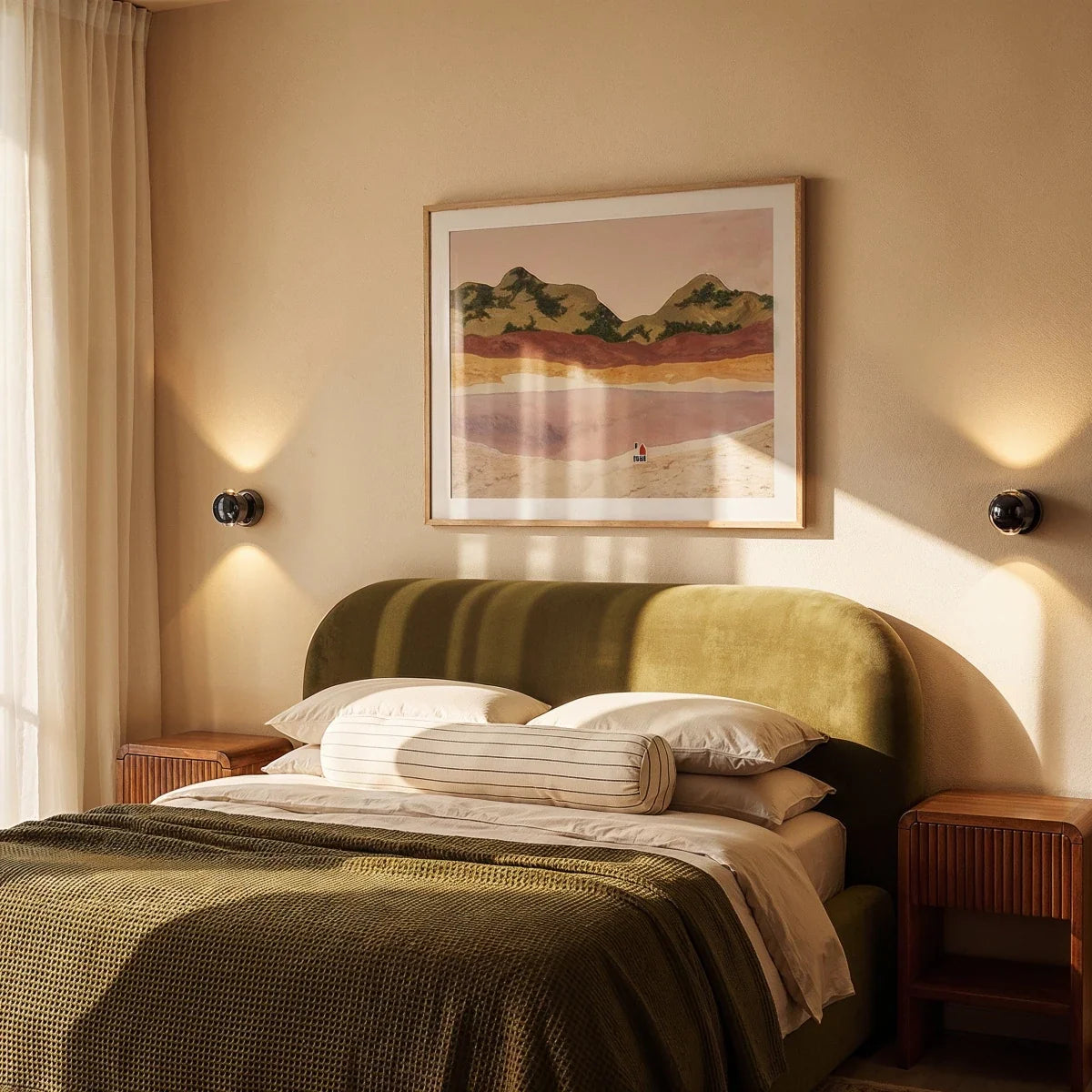 Pair of Clérachic dark round wall sconces flanking a framed landscape print above a bed with a green headboard