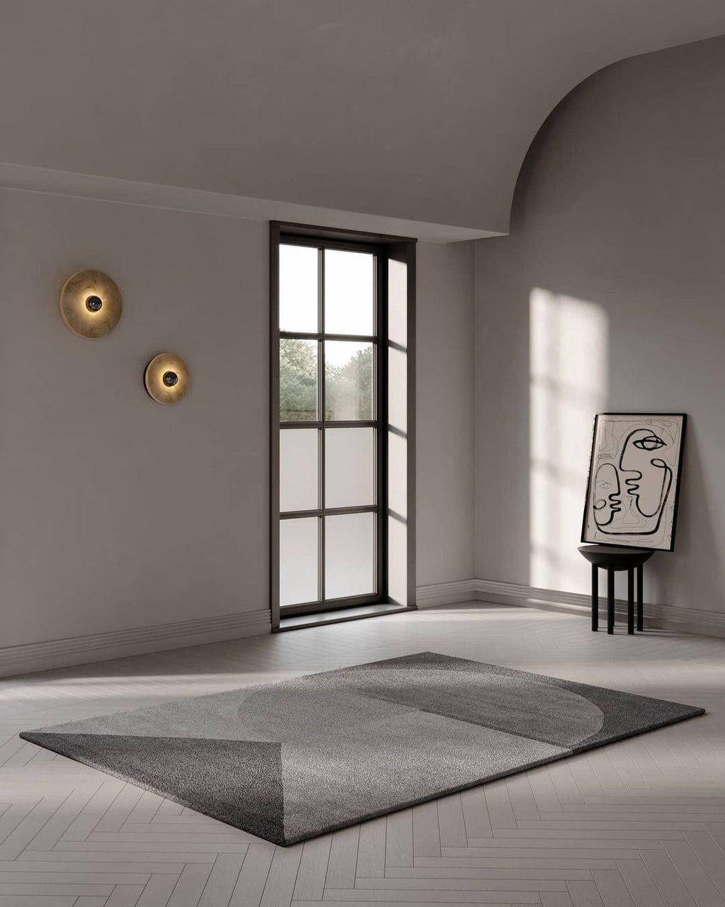 Two Clérachic round alabaster sconces on a white wall in a room with a herringbone floor.