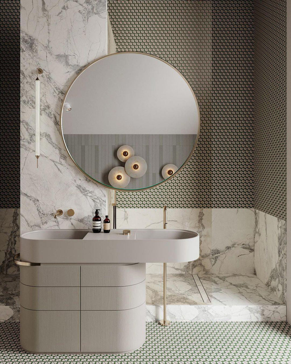 Clérachic round alabaster sconces in a marble bathroom beside a round mirror and basin.