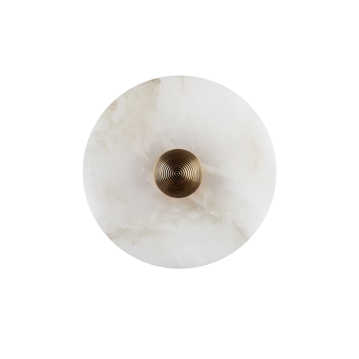 The Clérachic round alabaster sconce unlit on white, warm veining running across the disc.