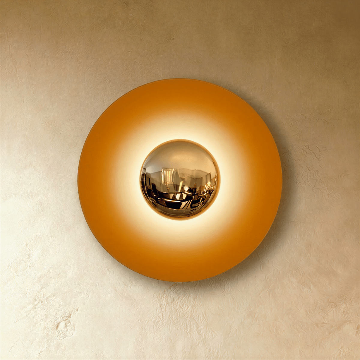Clérachic round wall lamp in studio light with an amber orange disc and a brass mirror dome surrounded by a warm glow.