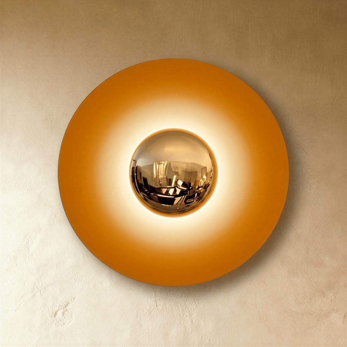 Clérachic larger round wall lamp in studio light with an orange disc, brass mirror dome and a pale glow around the centre.