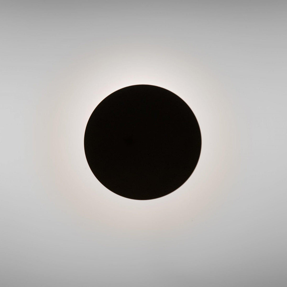 A plain black Clérachic disc wall light seen head-on, with a soft halo of warm light around its edge on a grey wall.