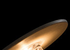 Close view from below of the underside of a Clérachic round wall light, with warm light glowing inside against black.
