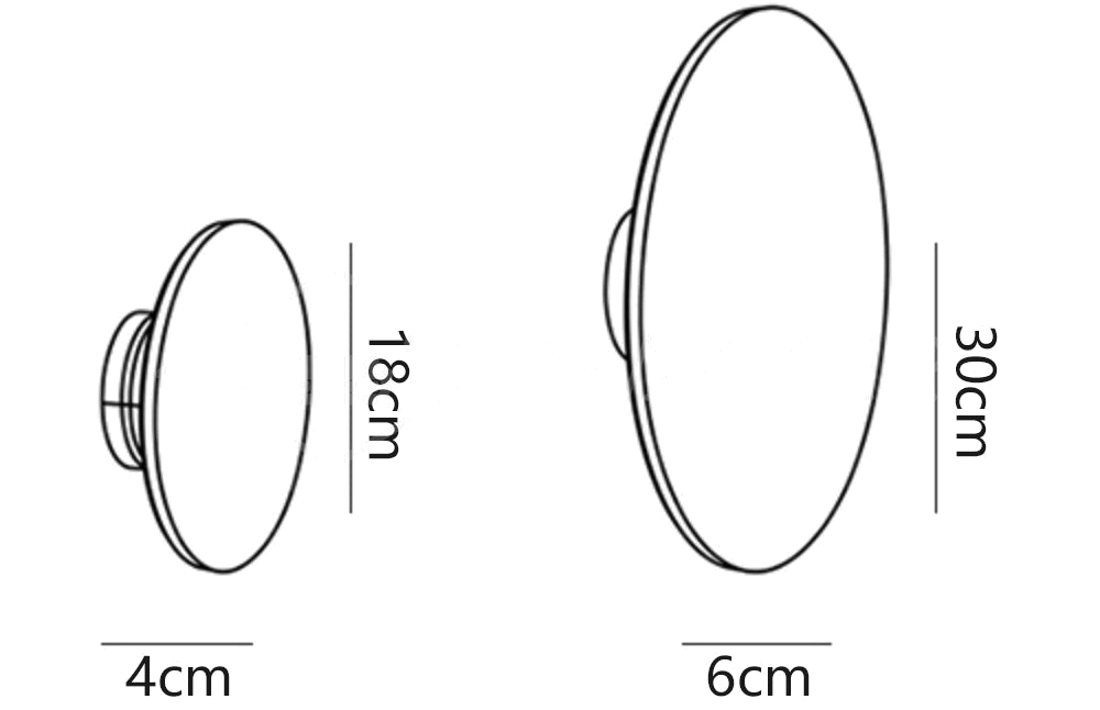 Dimension drawing of this Clérachic round wall light, with 18 cm and 30 cm diameters and 4 cm and 6 cm depths marked.