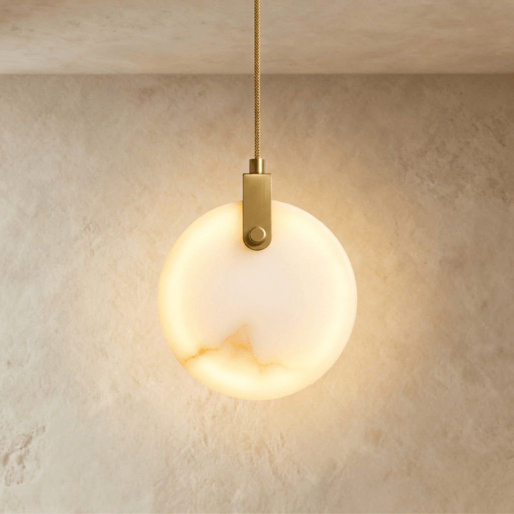 Clérachic round alabaster pendant glowing from within, hung from a braided brass-toned cord and bracket on limewash.
