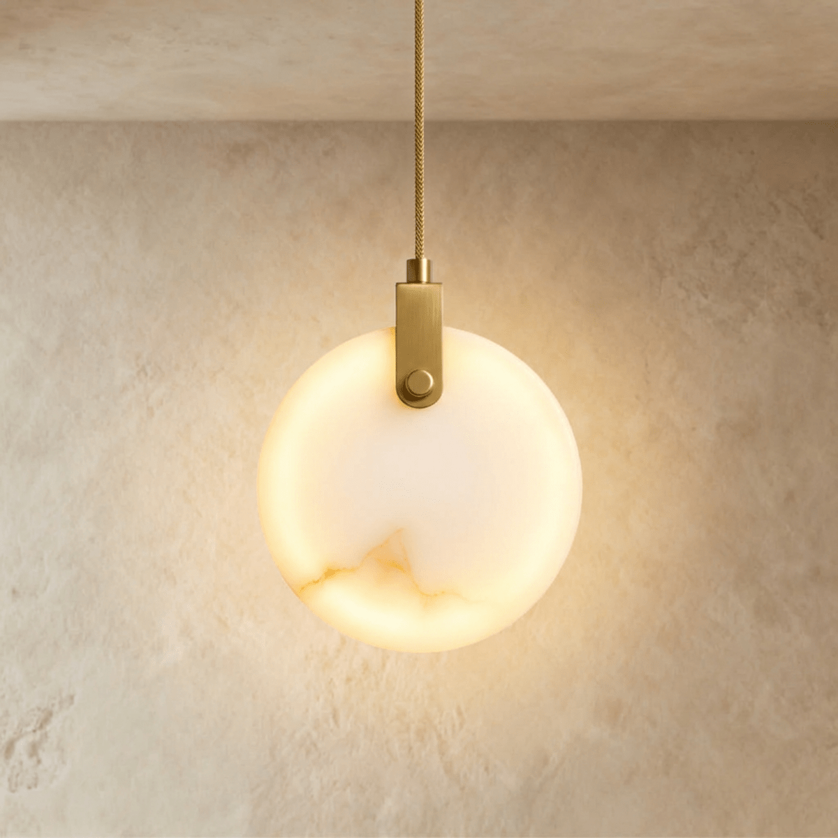 Clérachic round alabaster pendant glowing from within, hung from a braided brass-toned cord and bracket on limewash.