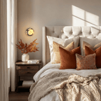 Clérachic wall lamp glowing above a bedside table of dried orange branches, beside a tufted linen headboard in sunlight.