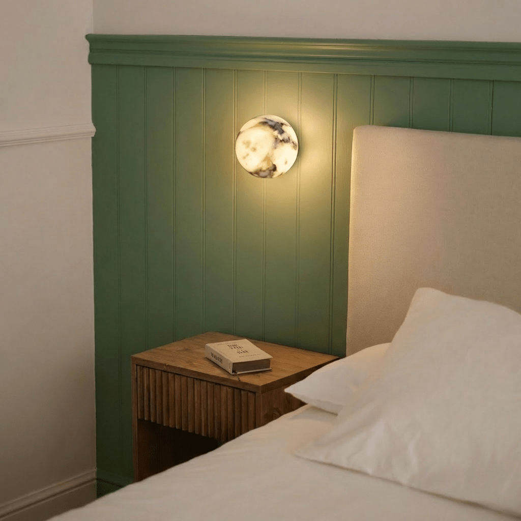Clérachic wall lamp glowing on a green beadboard wall above a wooden nightstand and a cream upholstered headboard.