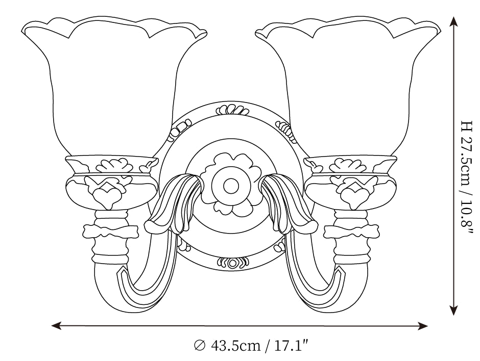 Dimension drawing of this double-head Clérachic wall light, with its 27.5 cm height and 43.5 cm width marked.