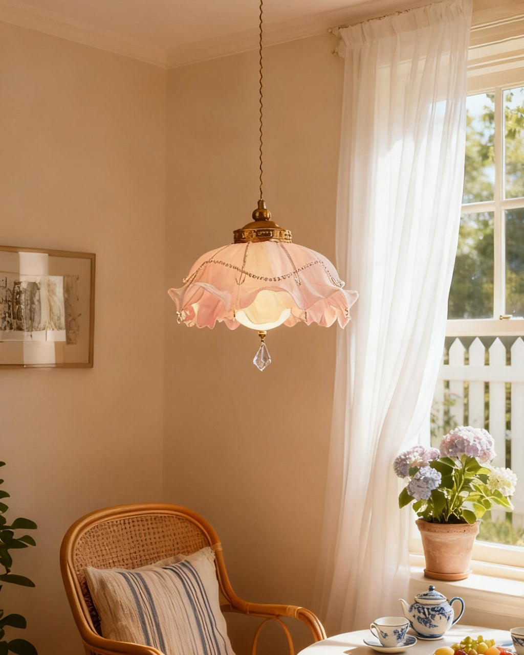 This Clérachic pendant lit in a corner with a sheer white curtain, a cane armchair and pale hydrangeas by a balcony window.