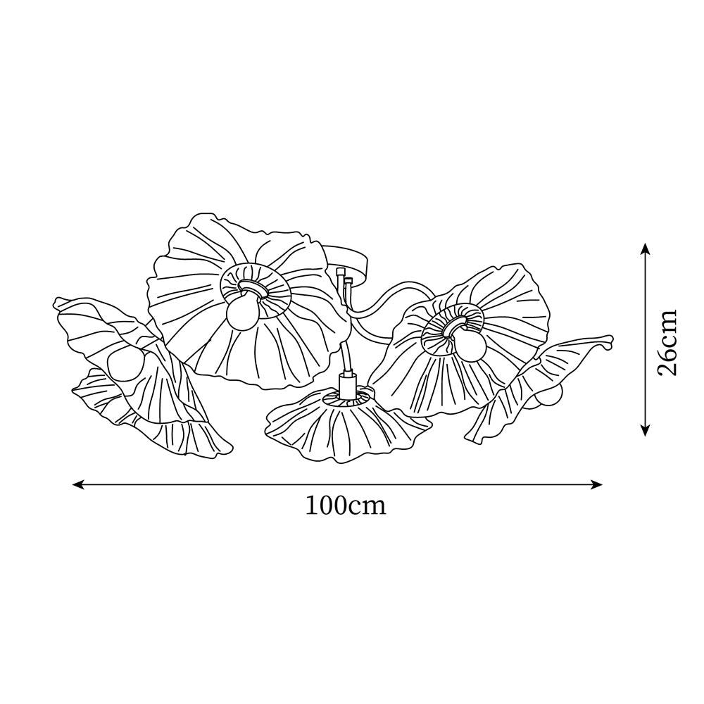 Dimension drawing for the Clérachic ruffled flower ceiling light in its denser arrangement, 100 cm wide and 26 cm below the ceiling.