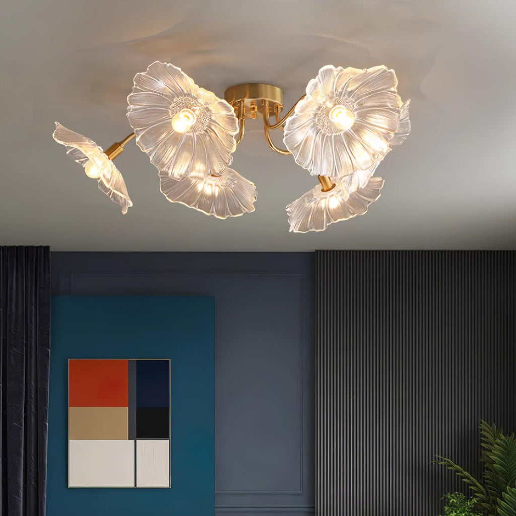 This Clérachic ceiling light in clear glass lights a moody navy living room hung with colour-block art.
