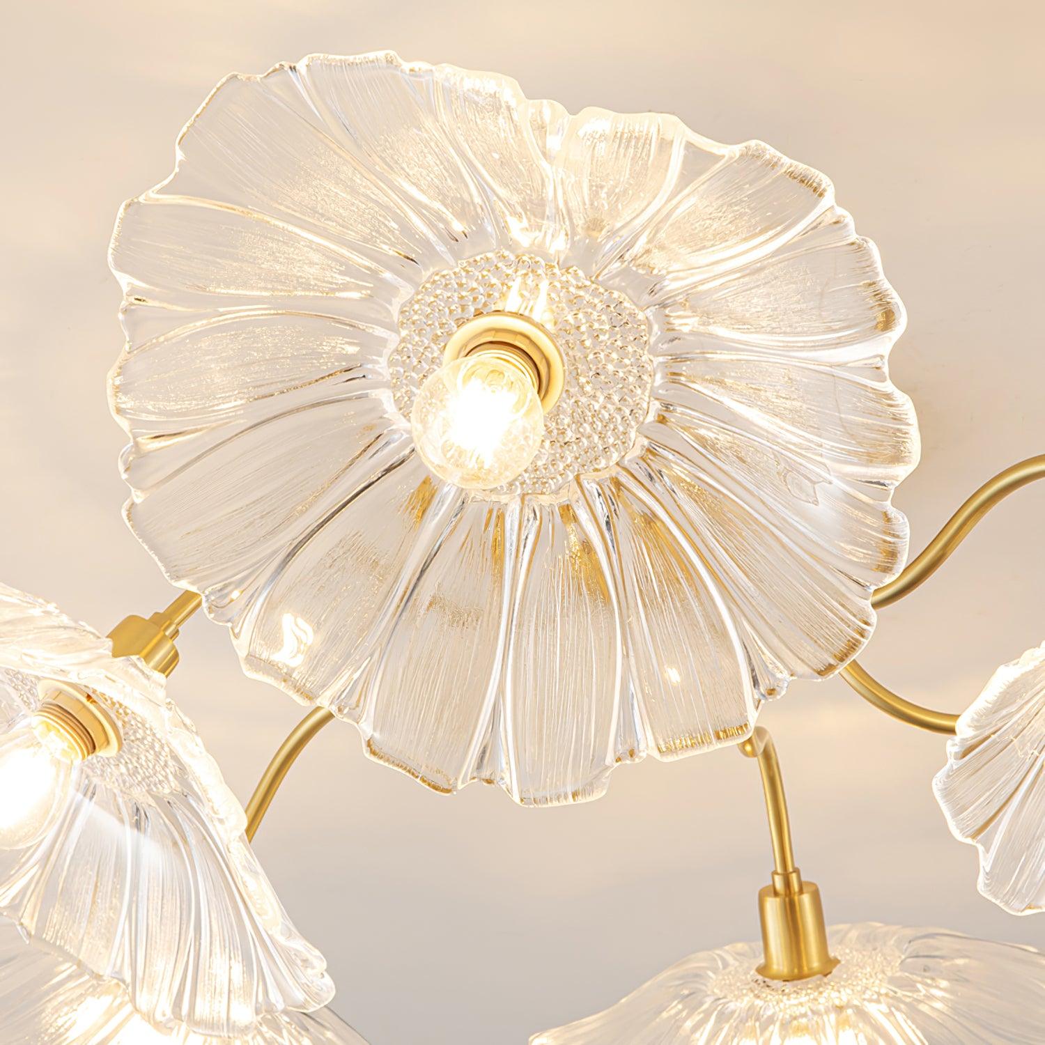 Close-up from below of the Clérachic clear glass ceiling light, several ruffled shades converging at their brass arms.