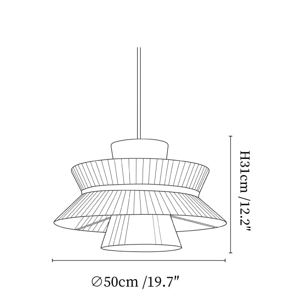 Clérachic pendant light dimension drawing, 1 of 3, every measurement marked in centimetres and inches.