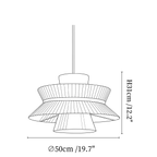 Clérachic pendant light dimension drawing, 1 of 3, every measurement marked in centimetres and inches.