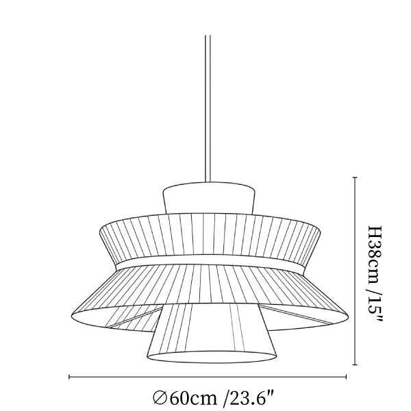 Clérachic pendant light dimension drawing, 2 of 3, every measurement marked in centimetres and inches.