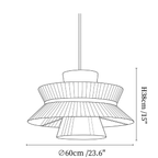 Clérachic pendant light dimension drawing, 2 of 3, every measurement marked in centimetres and inches.