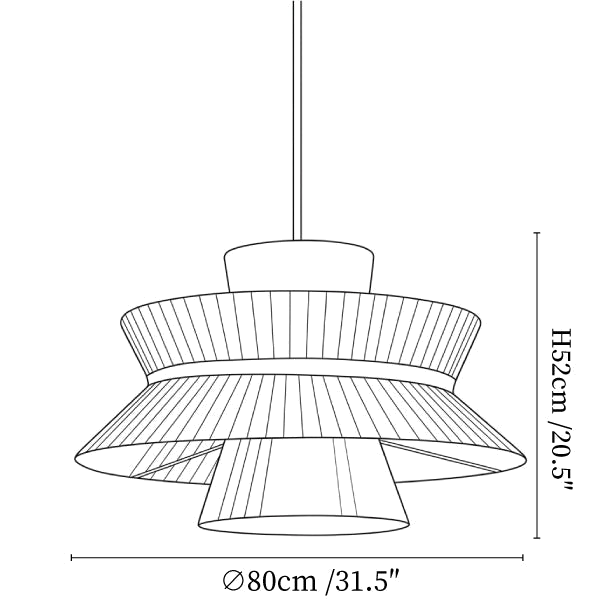 Clérachic pendant light dimension drawing, 3 of 3, every measurement marked in centimetres and inches.