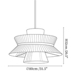 Clérachic pendant light dimension drawing, 3 of 3, every measurement marked in centimetres and inches.