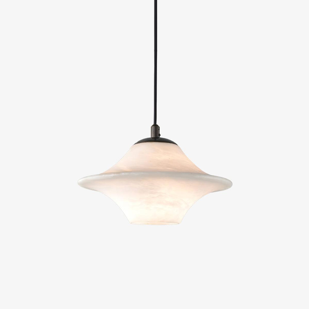 The Clérachic saucer pendant on white, its broad stone shade lit softly from within.