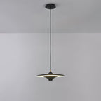 Black Clérachic saucer pendant lit, hanging on a black cord from a black canopy against a pale grey wall.