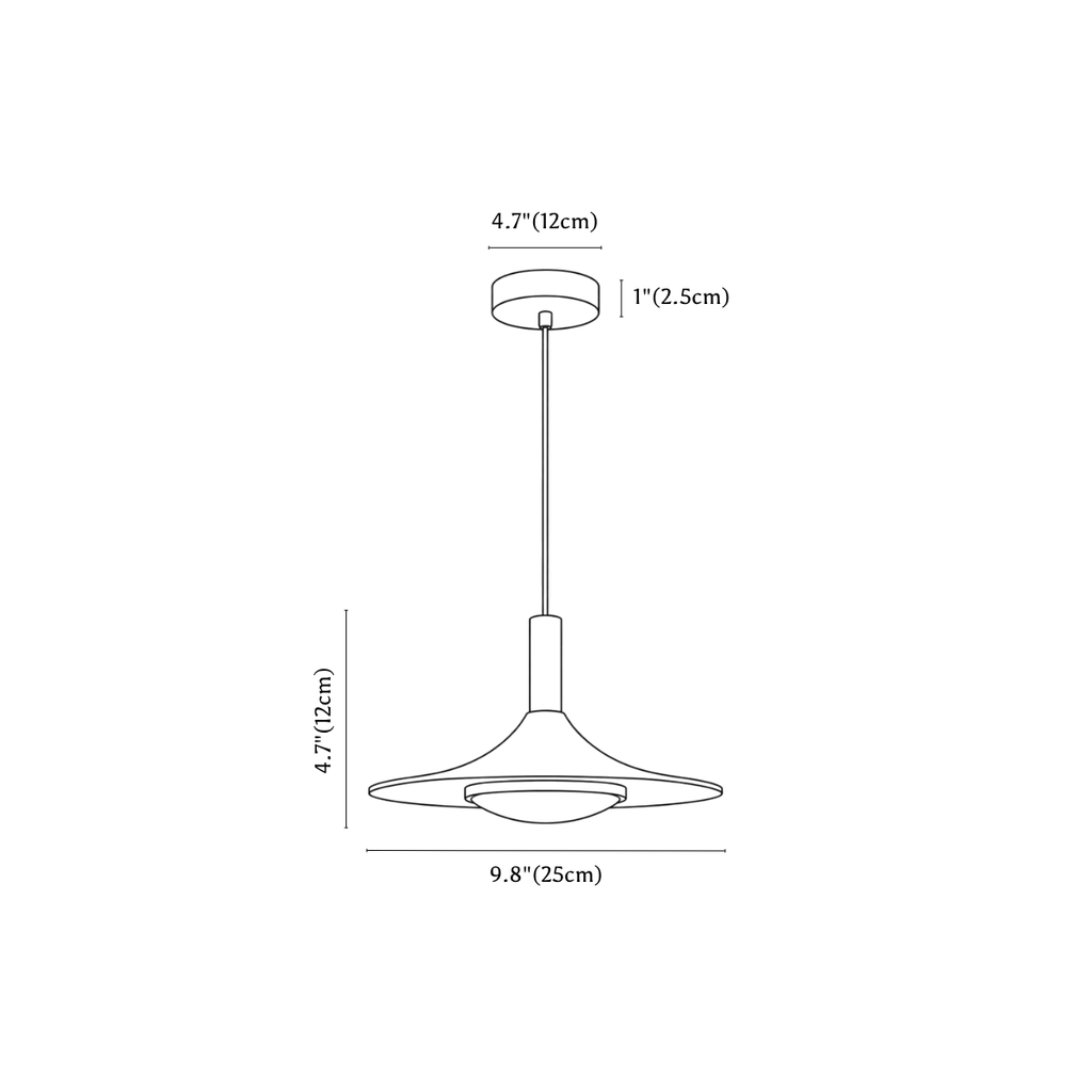 Clérachic pendant light dimension drawing, 1 of 2, every measurement marked in centimetres and inches.